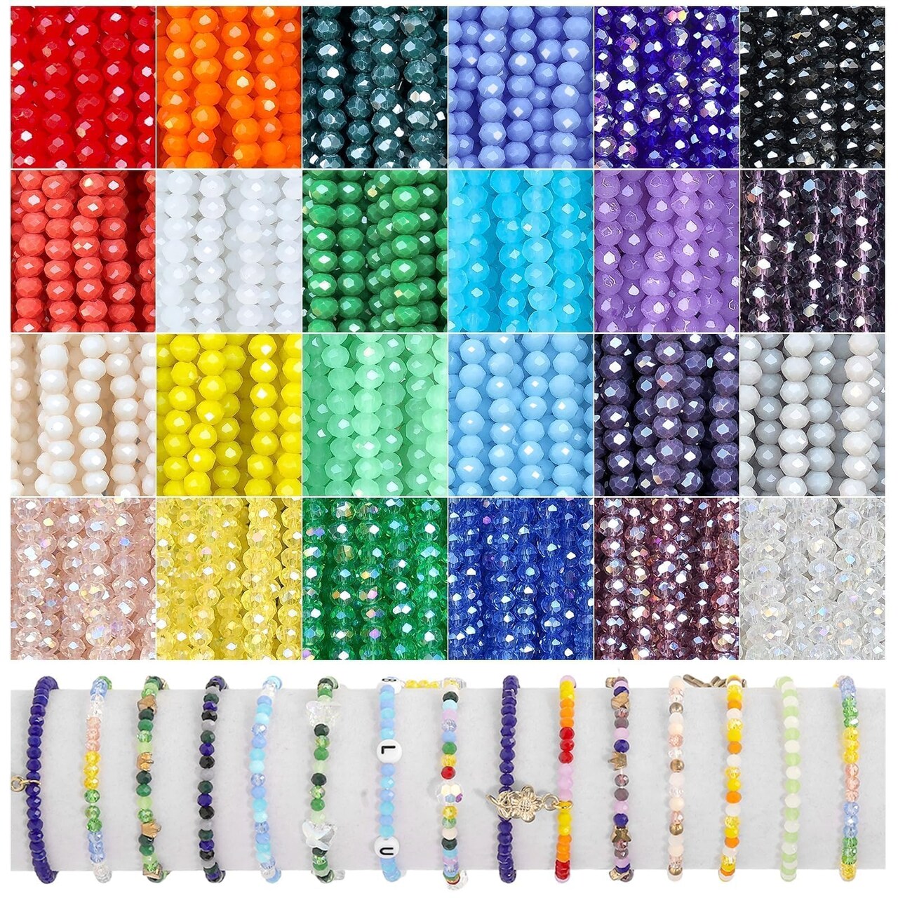 1800Pcs 4mm Glass Beads for Bracelets Jewelry Making, Faceted Bead Friendship Bracelet Kit, Rainbow Beads DIY Craft with Charms